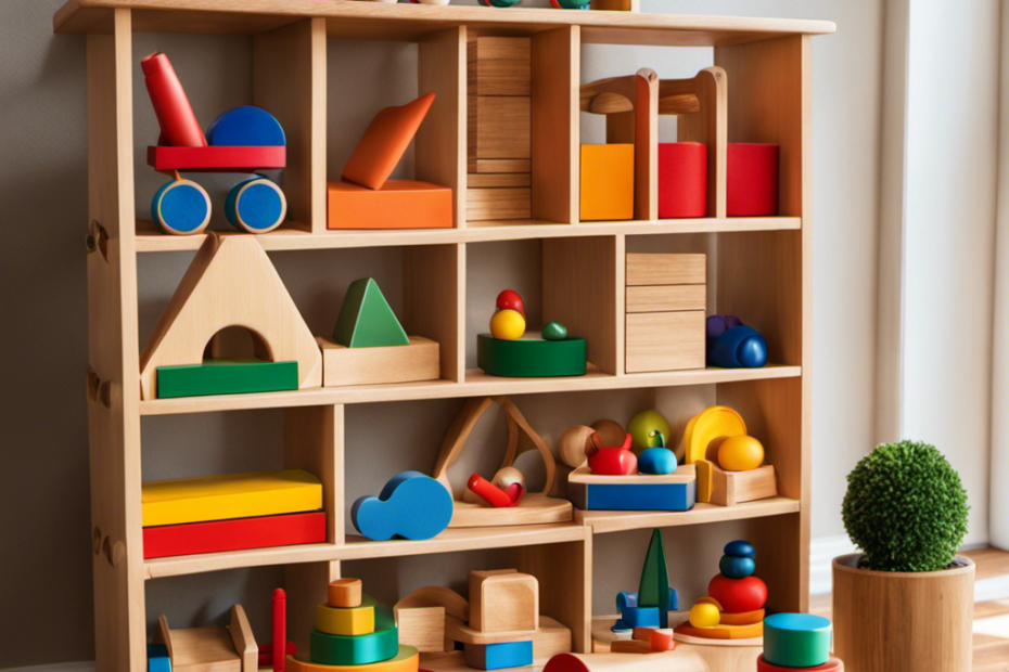 An image showcasing a colorful array of Montessori toys, neatly arranged on shelves in a cozy, sunlit room