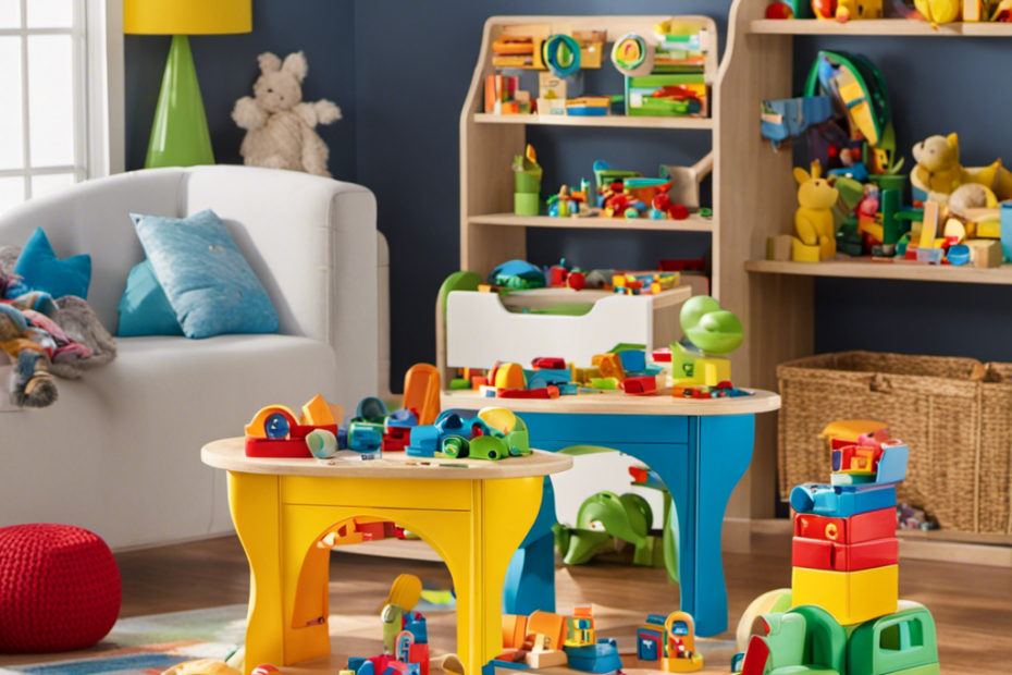 an image showcasing a colorful playroom filled with an array of affordable, high-quality preschool toys