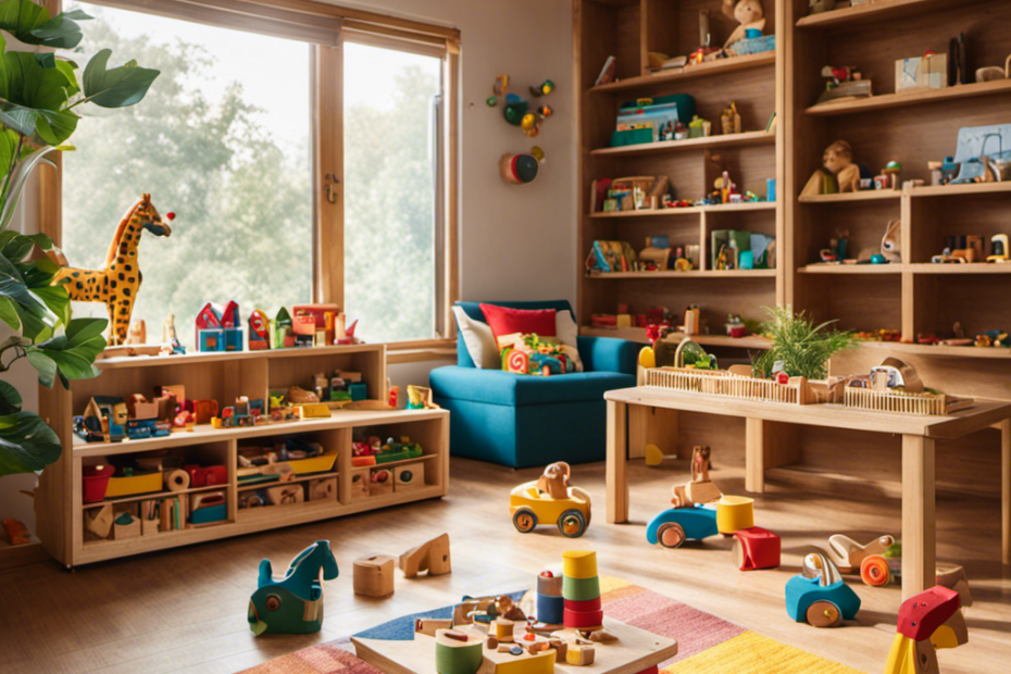 An image showcasing a cozy living room filled with colorful, handmade wooden toys and soft, nature-inspired play mats