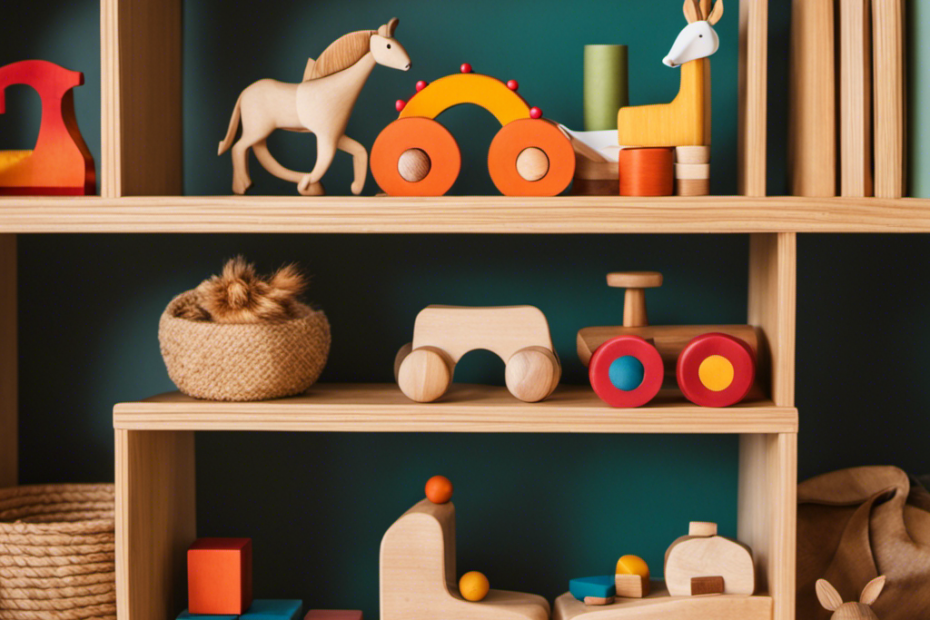 An image showcasing a wooden toy shelf, adorned with a variety of natural materials like silk scarves, wooden blocks, and open-ended toys, symbolizing the harmonious integration of Montessori and Waldorf philosophies in toy design