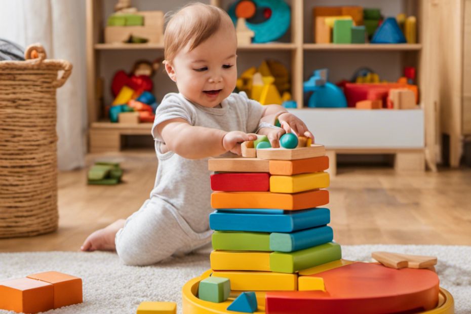 An image showcasing a bright, spacious room filled with Montessori toys like wooden blocks, colorful puzzles, and sensory play materials
