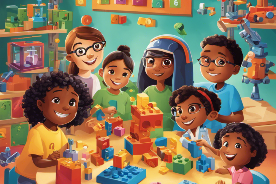 An image showcasing a diverse group of children joyfully engaged with building blocks, coding robots, and conducting science experiments, surrounded by vibrant colors and a backdrop of mathematical equations and scientific diagrams