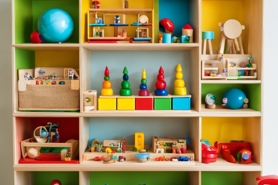 An image showcasing a meticulously organized Montessori toy shelf, with a variety of engaging and developmentally appropriate toys displayed in an inviting manner, promoting the benefits of toy rotation