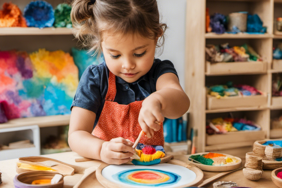 An image showcasing a vibrant Montessori-inspired art space, adorned with open shelves displaying colorful paintbrushes, textured papers, sculpting clay, and natural materials, inviting children to explore their imagination and creativity freely