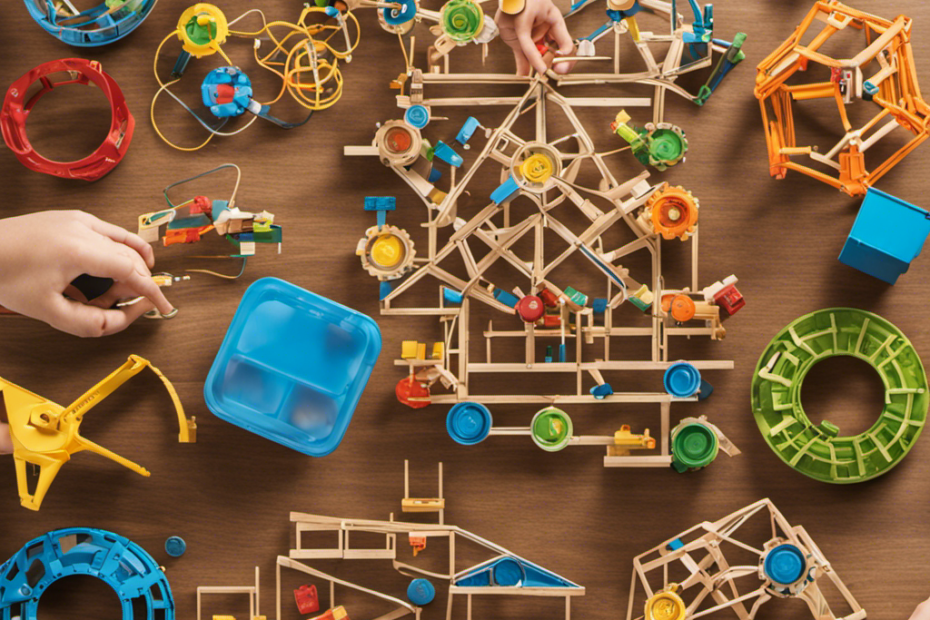 An image showcasing a diverse group of seven-year-olds engrossed in hands-on STEM toys: constructing intricate structures, experimenting with circuits, and solving puzzles, fostering their critical thinking skills