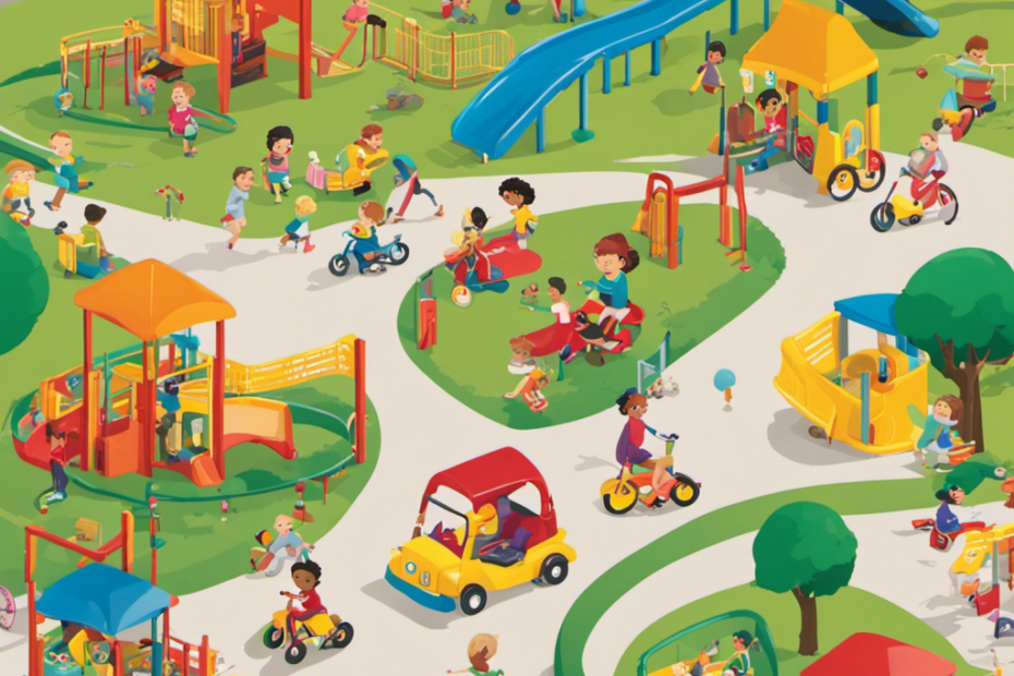 An image showcasing a bustling playground filled with vibrant, energetic preschoolers happily zooming around on various riding toys like tricycles, balance bikes, scooters, and pedal cars, fostering their physical development and active play