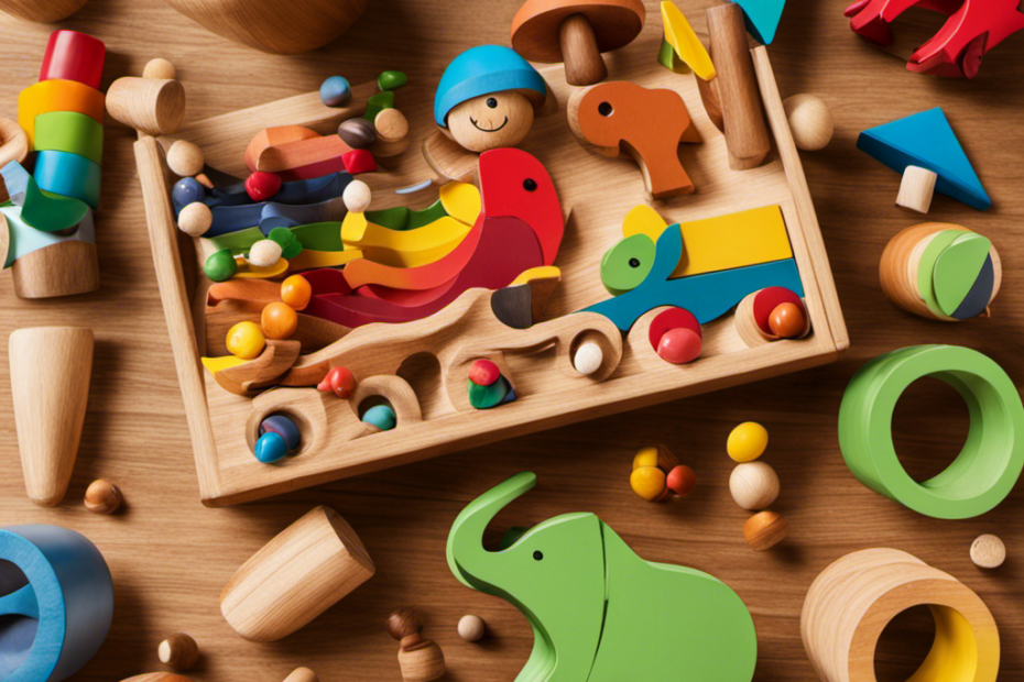 An image showcasing a colorful, handcrafted Aigybobo wooden toy surrounded by a diverse group of engaged children playing and learning together, their faces beaming with excitement and curiosity
