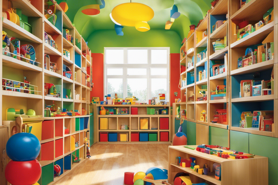 An image of a colorful and lively preschool classroom, filled with shelves of educational toys, from building blocks to puzzles, enticing children to explore and learn in a vibrant environment