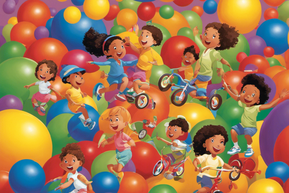 An image capturing the joy of preschoolers engaged in active play, portraying them jumping, running, and climbing with colorful balls, tricycles, and balance beams, fostering their gross motor skills development