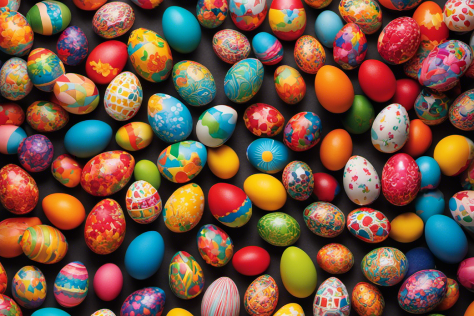 An image showcasing a colorful tray of "Brainy Eggs" - vibrant, egg-shaped toys adorned with various shapes and colors