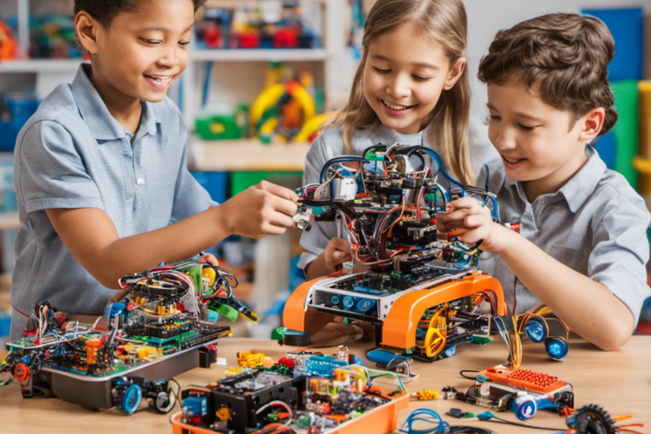 An image showcasing a colorful table filled with STEM robotics kits, including a variety of gears, wires, sensors, and building blocks