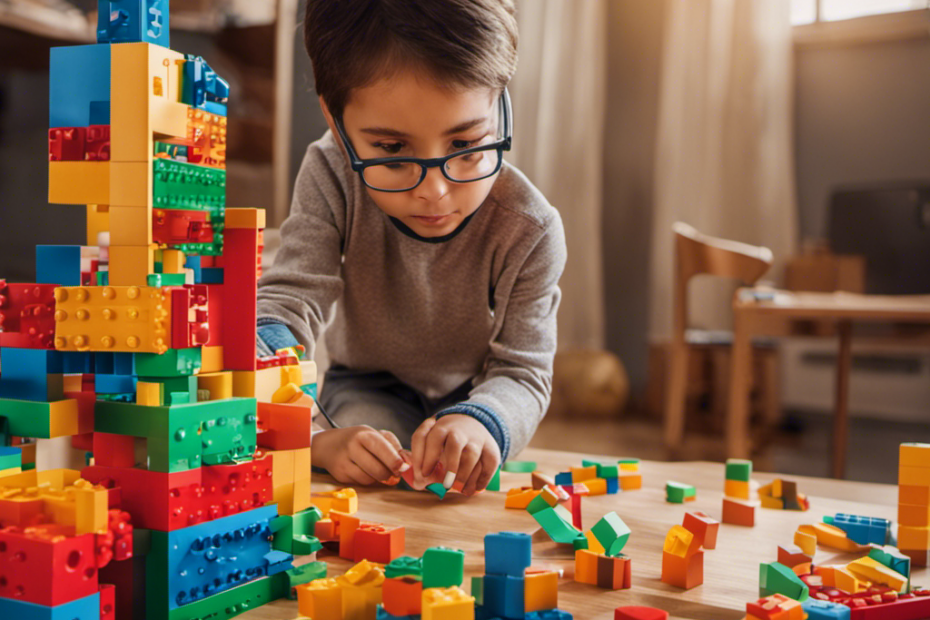 An image showcasing a 5-year-old constructing a complex building using colorful blocks, while simultaneously coding a robotic toy