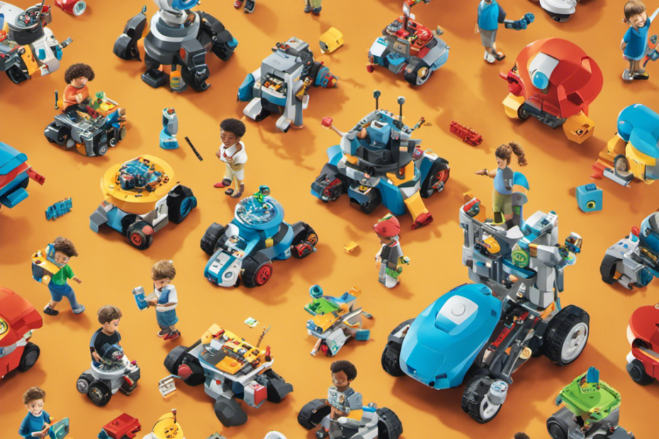 An image showcasing a group of 8-year-olds enthusiastically assembling and coding a robot, surrounded by a variety of STEM toys like building blocks, circuit boards, microscopes, and coding kits