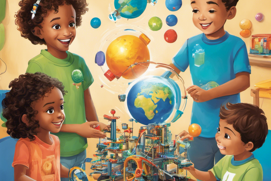 An image showcasing a diverse group of children engaged in hands-on activities with STEM toys, their faces beaming with curiosity and excitement as they explore the fascinating realms of coding, engineering, and problem-solving