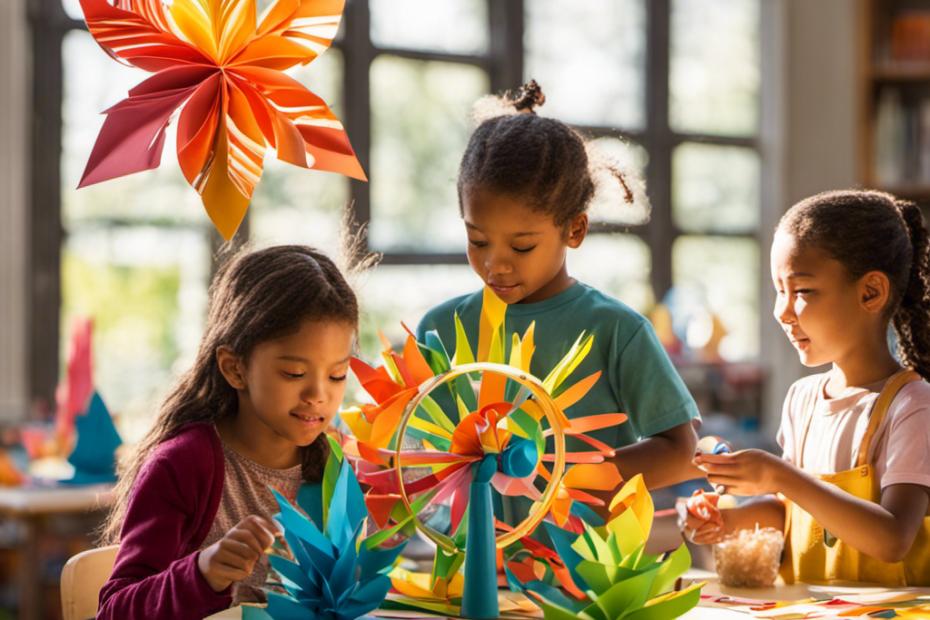 An image showcasing a group of enthusiastic children constructing intricate paper sculptures and colorful DIY spinners, their focused faces illuminated by the natural light pouring through the windows of a well-equipped STEAM classroom