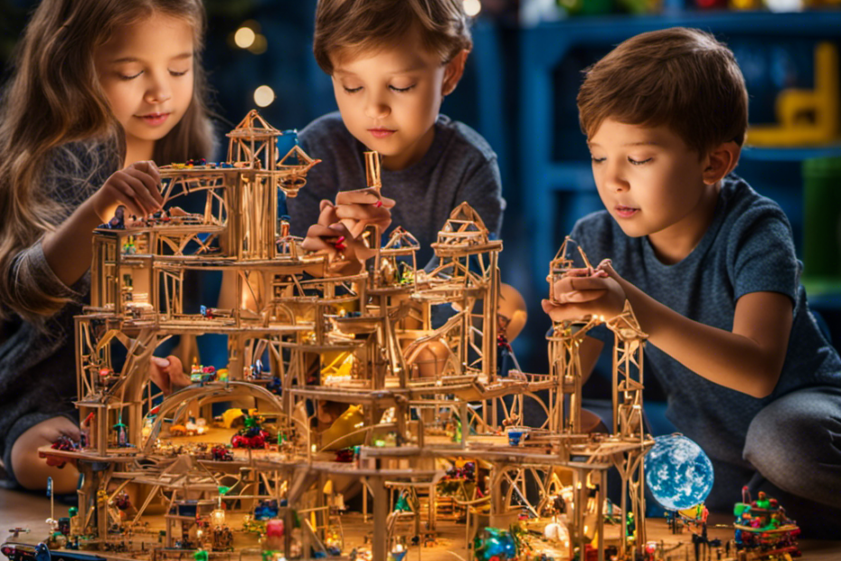 An image showcasing a diverse group of children engrossed in constructing intricate structures using building toys, their faces lit up with curiosity and excitement, exemplifying the power of these toys in nurturing STEM skills