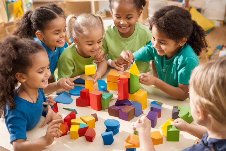 An image showcasing a group of children engaged in a variety of activities that stimulate their cognitive, physical, social-emotional, language, and motor skills