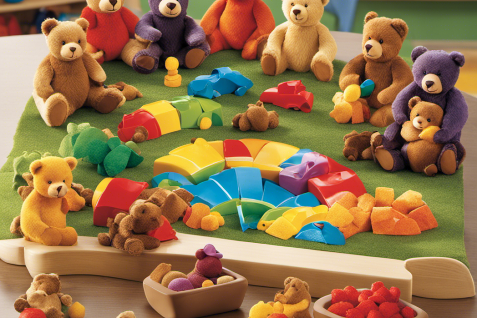 An image showcasing a diverse group of bears with vibrant hues, engaging in various educational activities