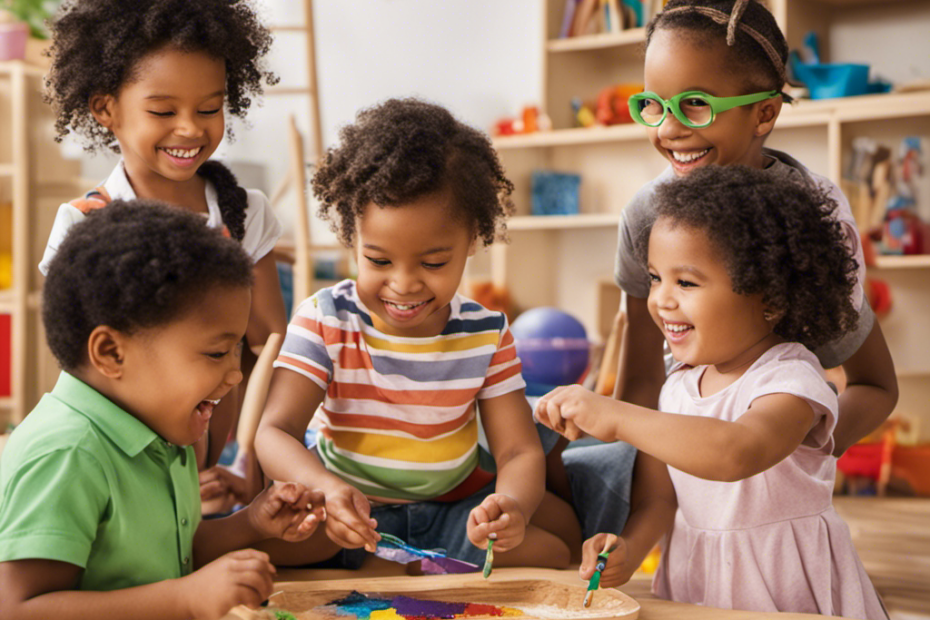 An image showcasing a diverse group of preschoolers happily engaged in interactive activities like building, painting, and playing dress-up, reflecting an inclusive and stimulating environment that fosters creativity and joy