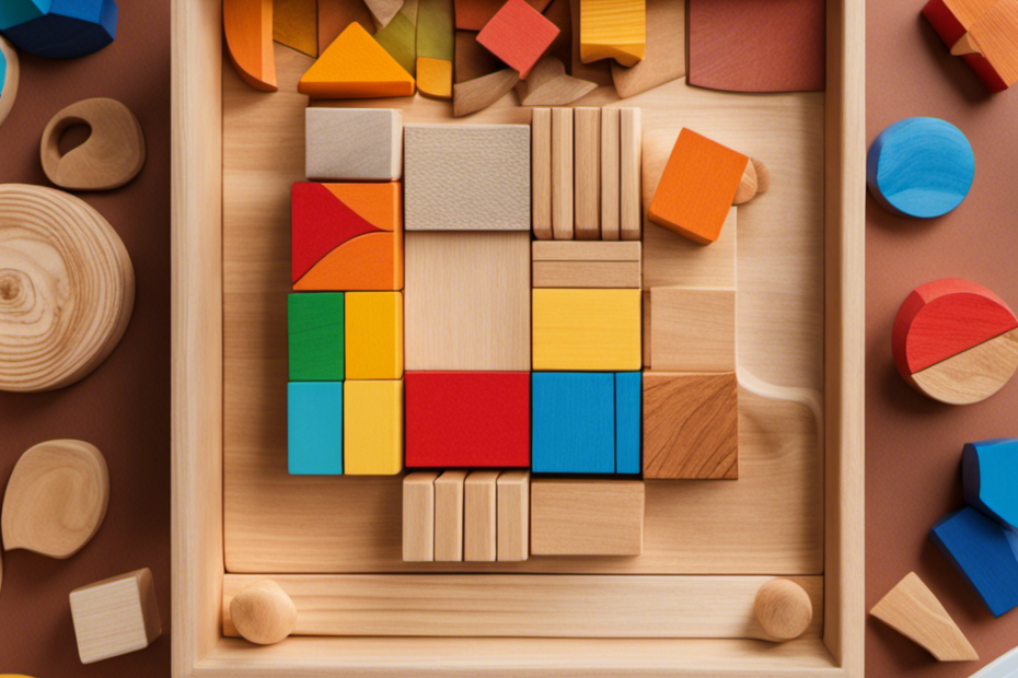 An image showcasing a beautifully crafted wooden puzzle, a colorful stack of blocks, and a handmade sensory board with various textures and shapes, all surrounded by a backdrop of vibrant Montessori-inspired learning materials