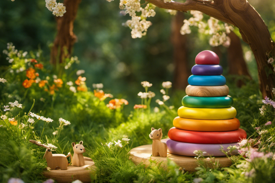 Anting image of a wooden rainbow stacker, nestled amidst a lush green meadow, with delicate flowers blooming nearby