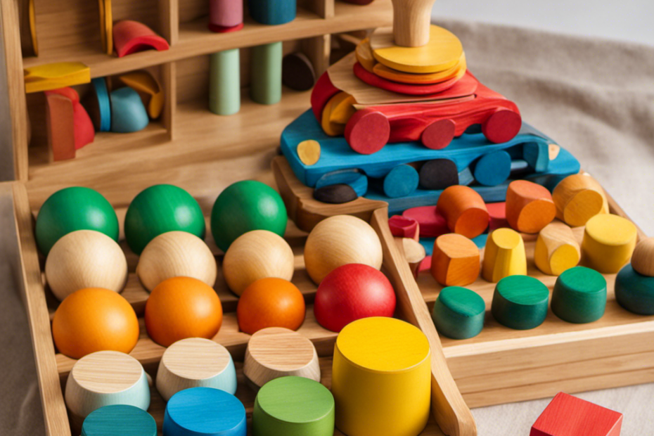 An image showcasing a colorful assortment of wooden Montessori toys, crafted from sustainable materials like bamboo and finished with non-toxic paints