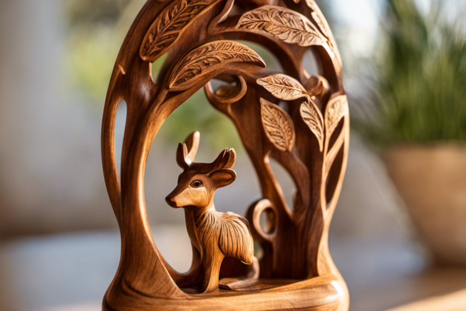 Image, a skilled artisan carves a smooth wooden rattle, embellishing it with intricate leaf and animal engravings