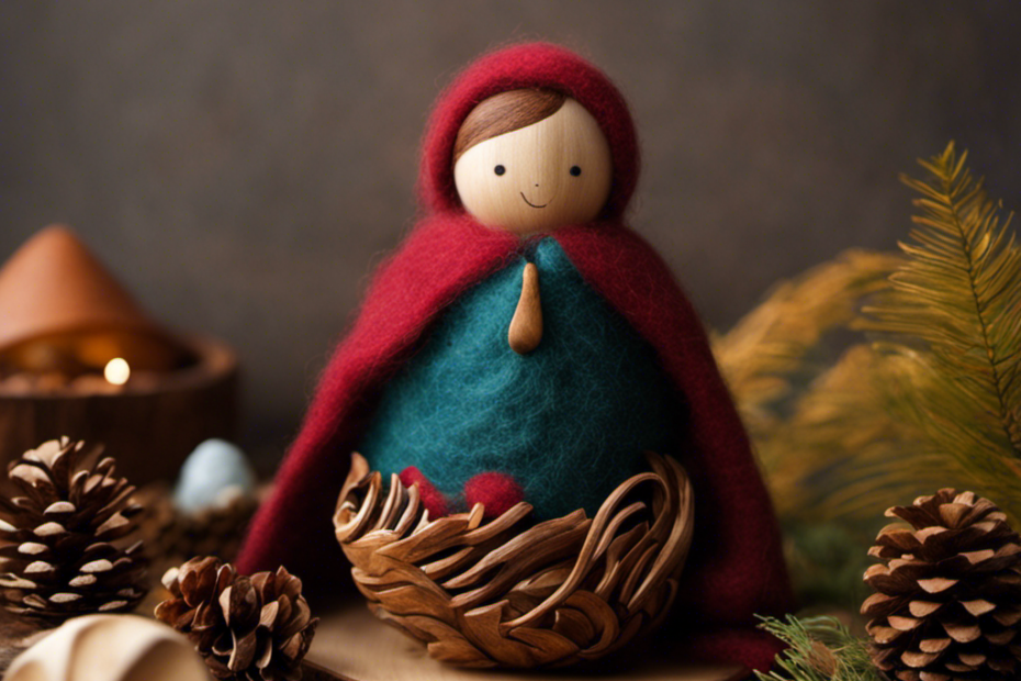 the essence of Waldorf toys with an image that showcases a handcrafted wooden figurine, adorned with a soft, colorful woolen cloak