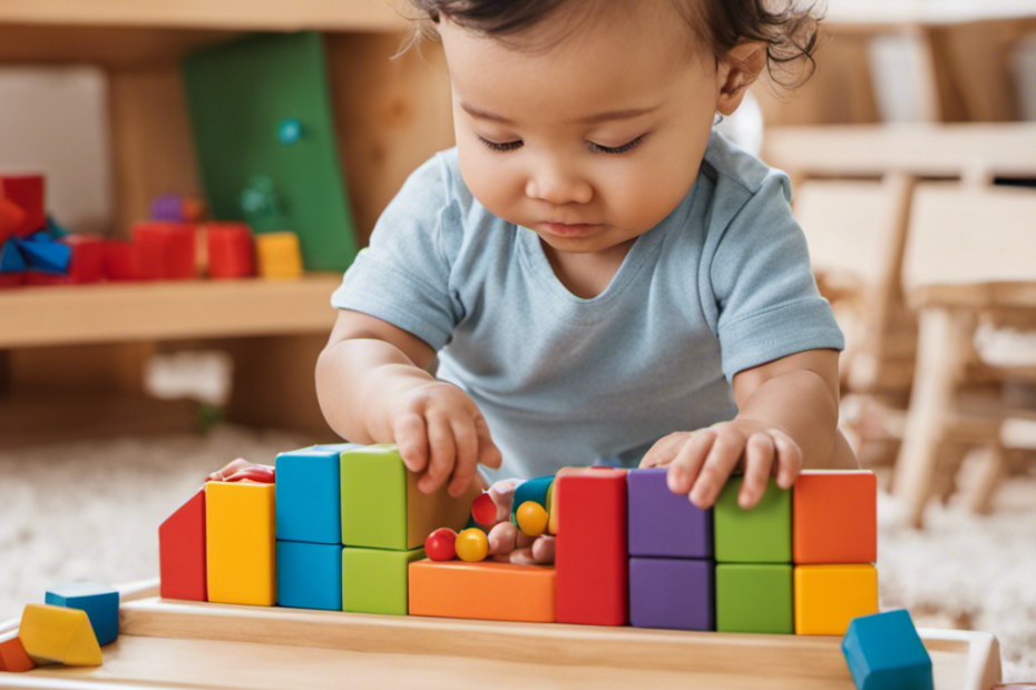 An image showcasing a baby playing with Montessori toys, depicting their hands grasping colorful blocks, their focused expression, and a sense of exploration as they engage in open-ended play