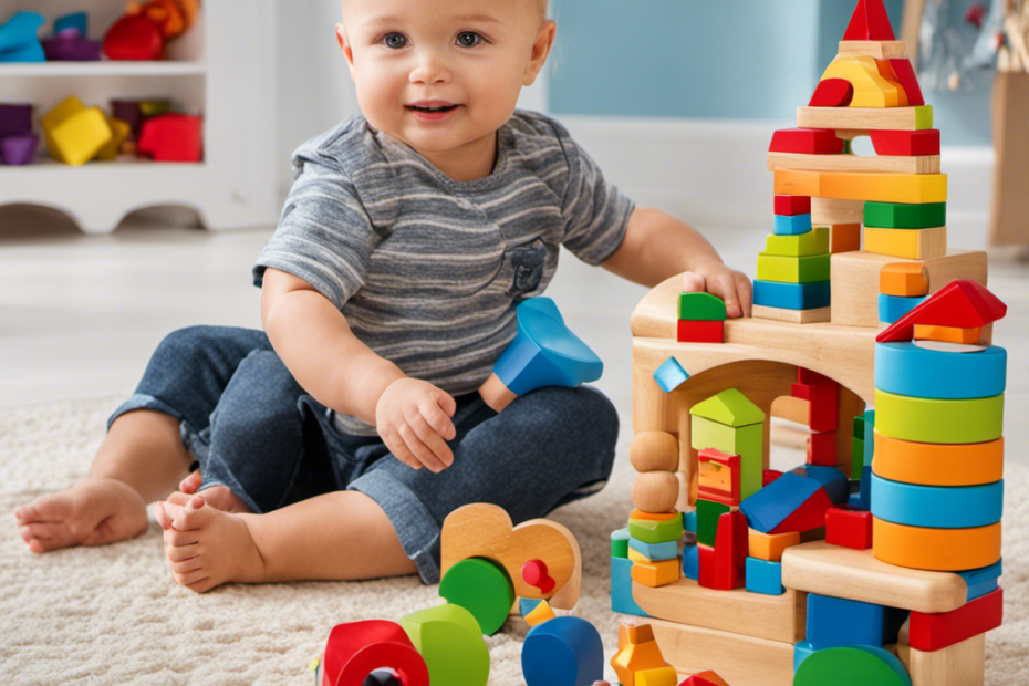 An image showcasing a vibrant playroom filled with colorful developmental toys for two-year-olds: a stack of wooden blocks, a shape sorter, a puzzle, and a set of building magnets