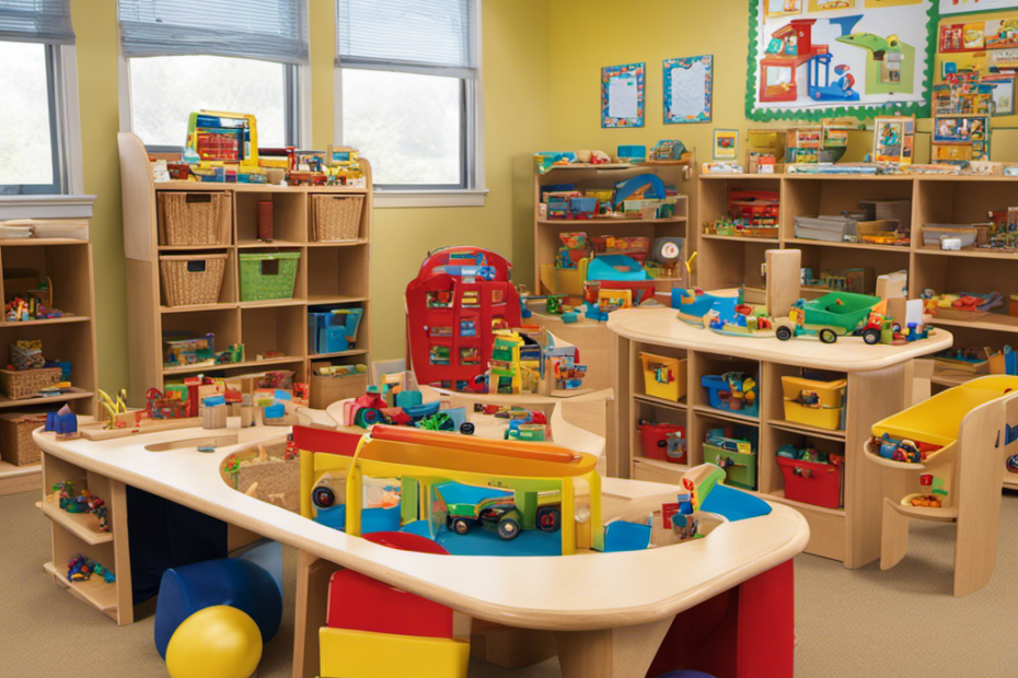 An image showcasing a diverse array of developmentally appropriate toys in a preschool classroom