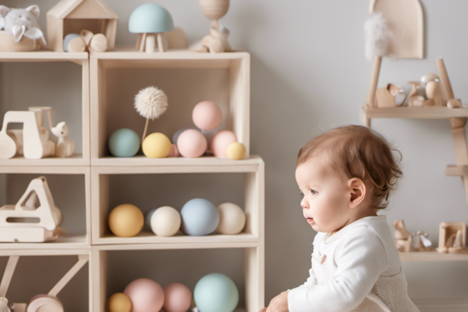 An image showcasing a serene white room with natural light pouring in, adorned with shelves filled with beautifully crafted Montessori toys in soft pastel colors
