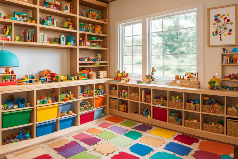 An image showcasing a colorful, inviting Montessori-inspired playroom, filled with meticulously arranged shelves of wooden puzzles, sensory bins, stackable blocks, and open-ended toys, all beckoning children to explore and learn