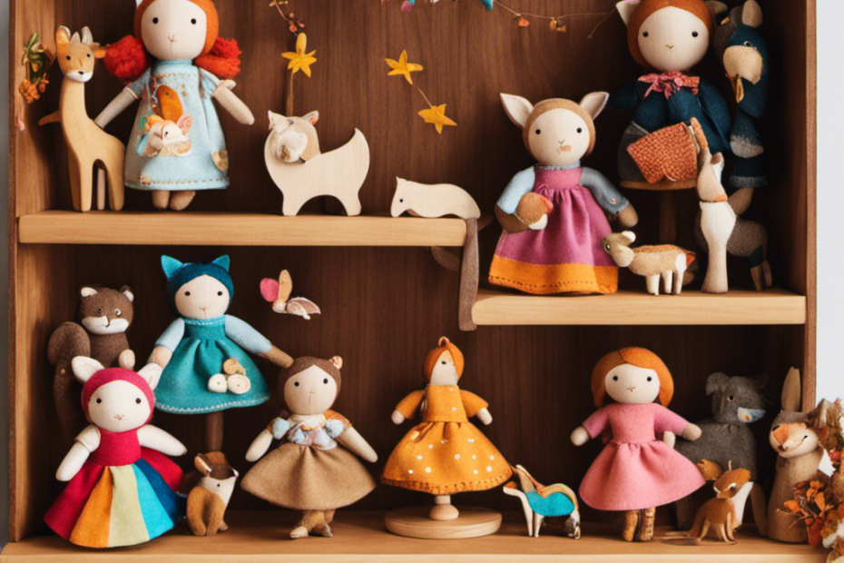 An image showcasing a whimsical wooden toy shelf adorned with enchanting handcrafted dolls, colorful felt animals, and intricately carved wooden puzzles, capturing the enchantment and wonder of Waldorf toys