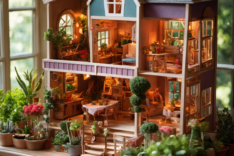 An image of a whimsical wooden dollhouse, filled with handcrafted dolls, vibrant felt animals, and a lush miniature vegetable garden