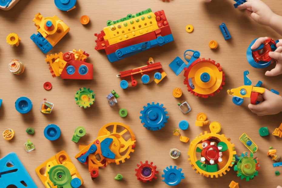 An image depicting a diverse group of preschoolers actively engaged in building and exploring with colorful, hands-on DIY STEM toys like magnetic blocks, gears, and circuits, showcasing their curiosity and excitement