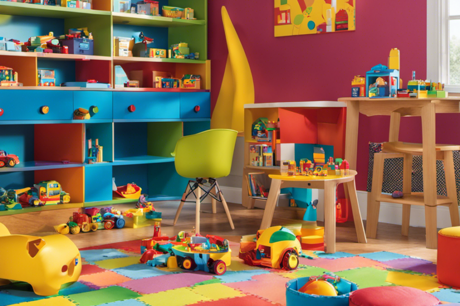 An image showcasing a bright and colorful playroom, filled with an array of tactile and interactive toys like building blocks, puzzle sets, and mini robots, sparking the imagination and curiosity of young minds