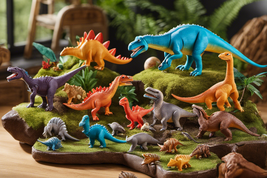 An image showcasing a vibrant dinosaur toy set, filled with educational details and versatile features, capturing the joy and curiosity of young children as they explore a prehistoric world of adventure and learning