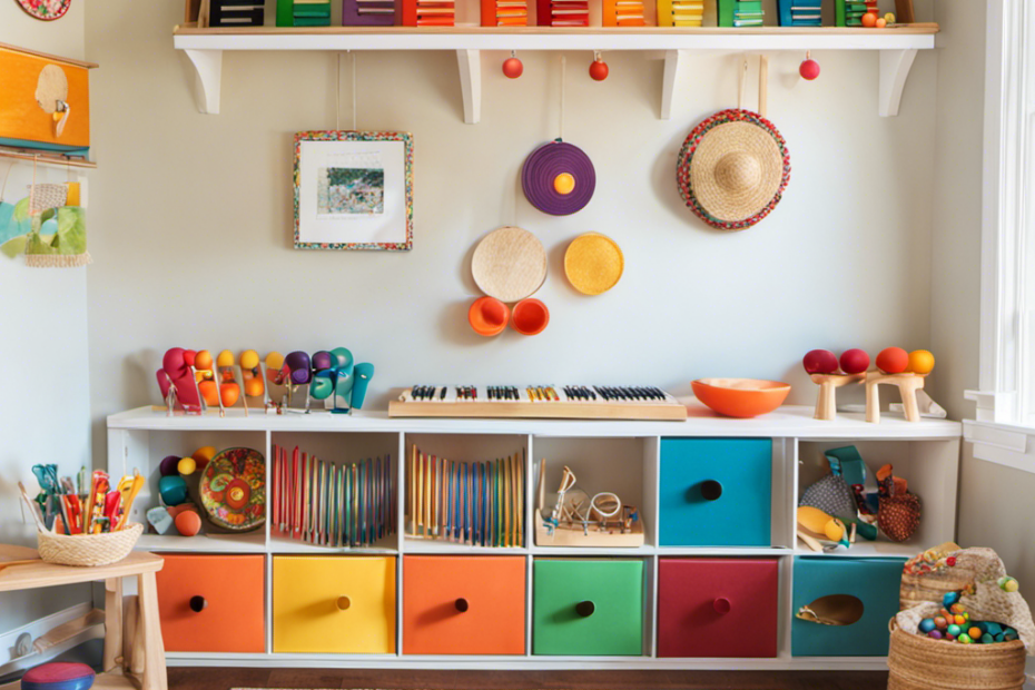 An image showcasing a Montessori-inspired playroom filled with Ehome Toddlers Musical Instruments