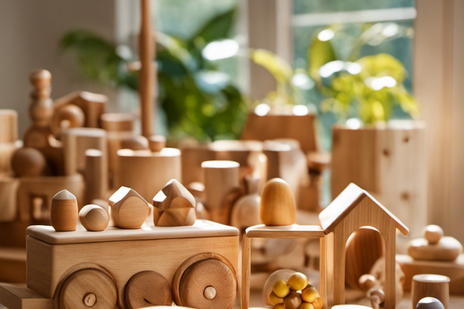 An image that showcases a collection of beautifully crafted Montessori wooden toys, bathed in warm sunlight streaming through a window, inviting children to explore the textures, shapes, and colors of nature
