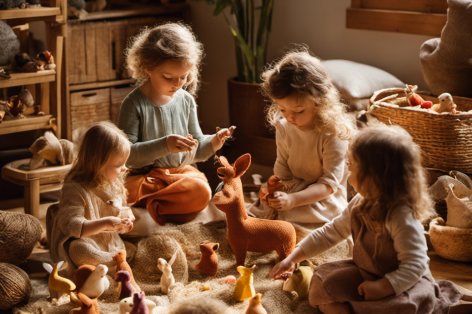An image capturing a sunlit room with children engrossed in imaginative play, surrounded by a colorful array of Waldorf toys: handmade wooden animals, soft fabric dolls, and natural materials like silk and shells