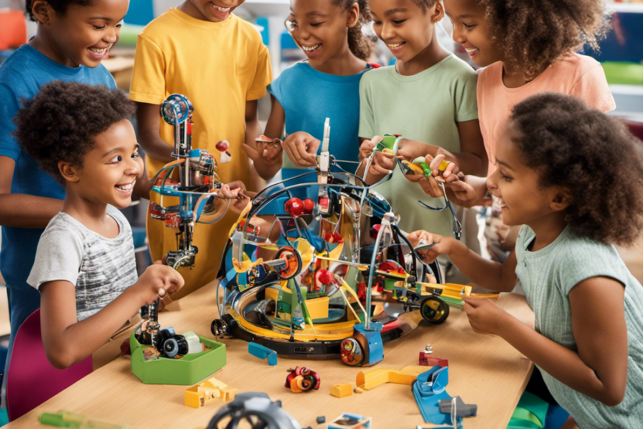 An image showcasing a diverse group of children engaged in hands-on activities with STEM learning toys, their faces beaming with excitement and curiosity, as they build, experiment, and explore the world of science and technology