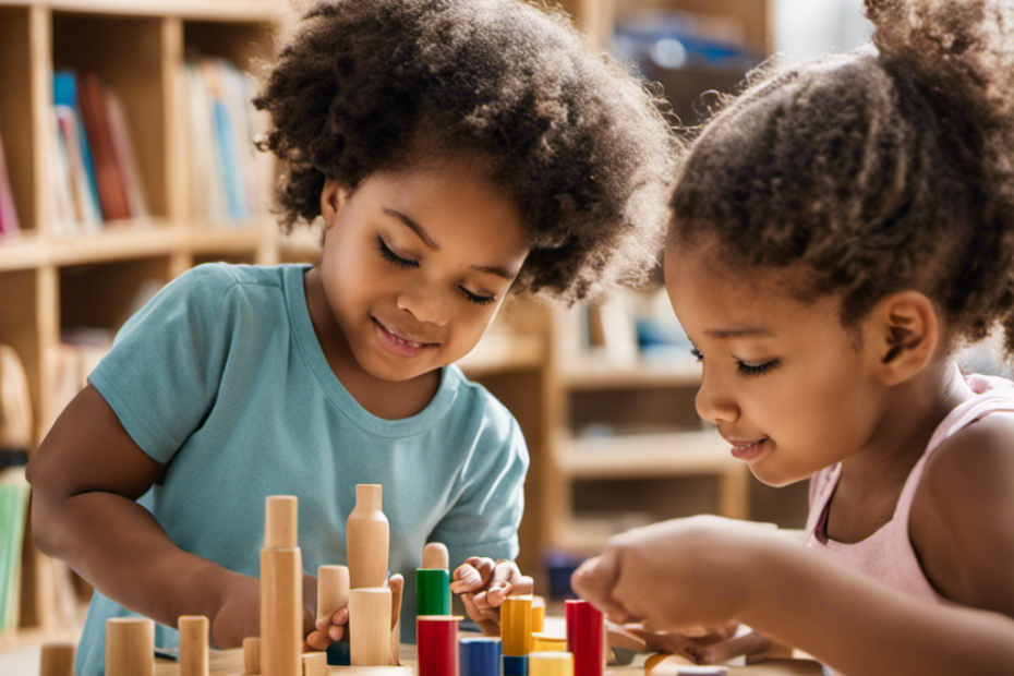 An image depicting a diverse group of children engaged in hands-on activities within a Montessori classroom, surrounded by natural light and shelves filled with inviting educational materials