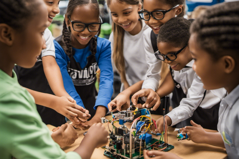 An image showcasing a diverse group of young students engaged in hands-on STEM activities, their faces beaming with excitement and curiosity, as they experiment, build, and learn together, reflecting the power of STEM education in shaping tomorrow's leaders