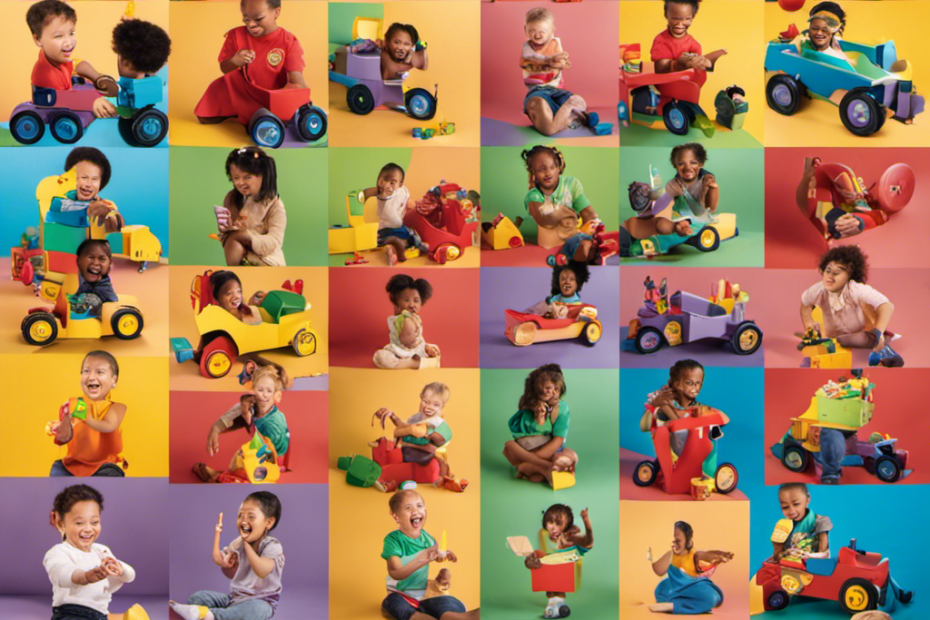 An image showcasing a diverse group of preschool children with Down Syndrome joyfully engaging with a variety of inclusive toys, promoting independence, creativity, and empowerment