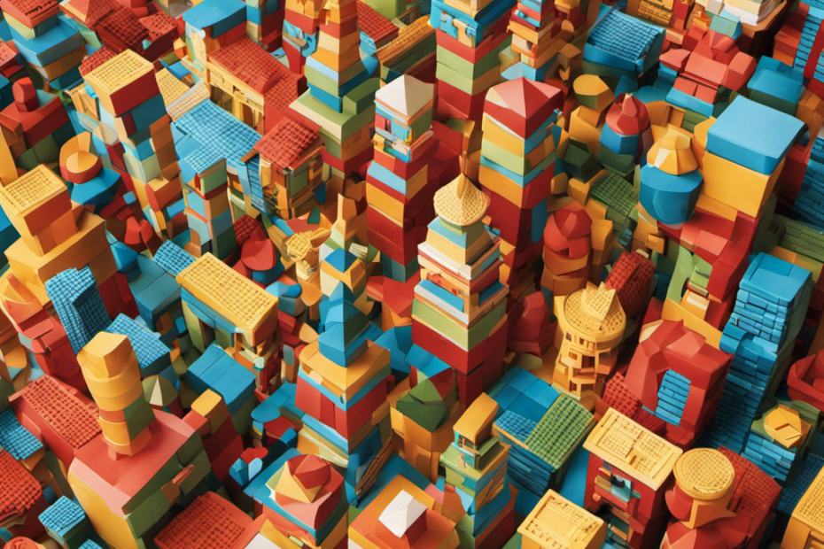 An image capturing the boundless possibilities of TOMYOU Building Blocks: an intricate tower reaching towards the sky, surrounded by a whimsical cityscape of imaginative structures, showcasing the limitless creativity these blocks inspire