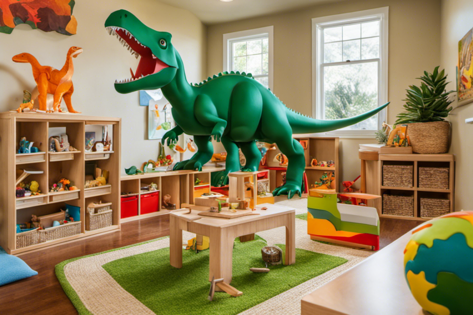 An image that showcases a vibrant Montessori playroom with children fully immersed in dinosaur-themed activities, featuring hands-on toys like dinosaur puzzles, excavation kits, and interactive replicas, fostering curiosity and learning