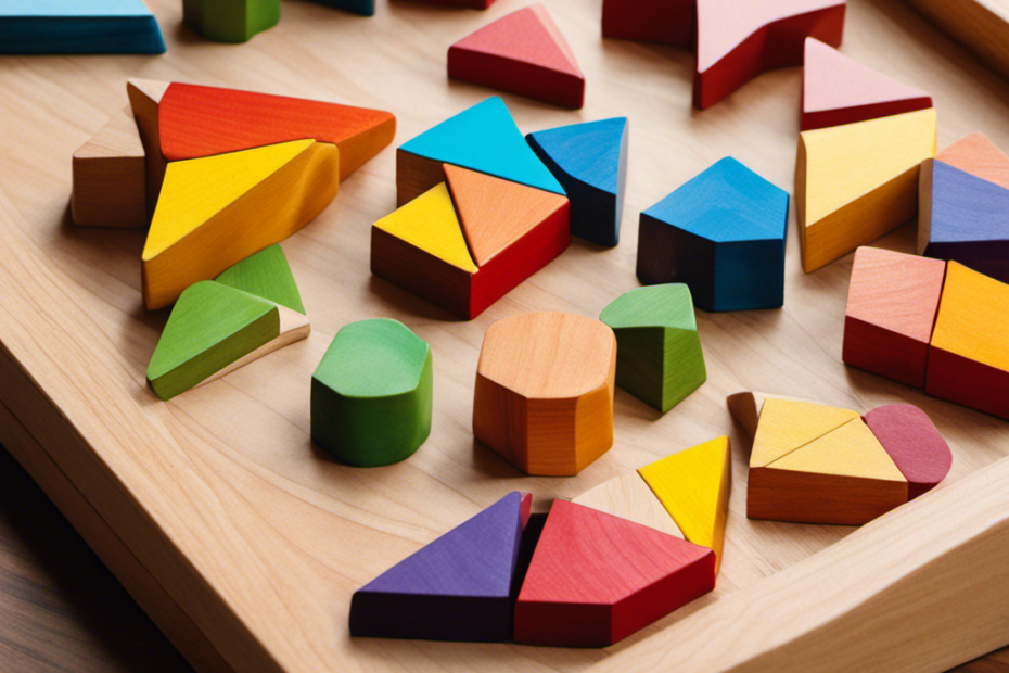 An image showcasing a colorful wooden shape puzzle with various geometric pieces, designed to captivate toddlers' curiosity and encourage cognitive development