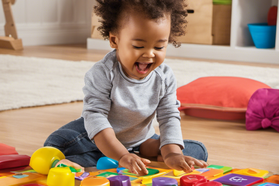 An image of a toddler sitting on the floor, surrounded by colorful flashcards and a board game