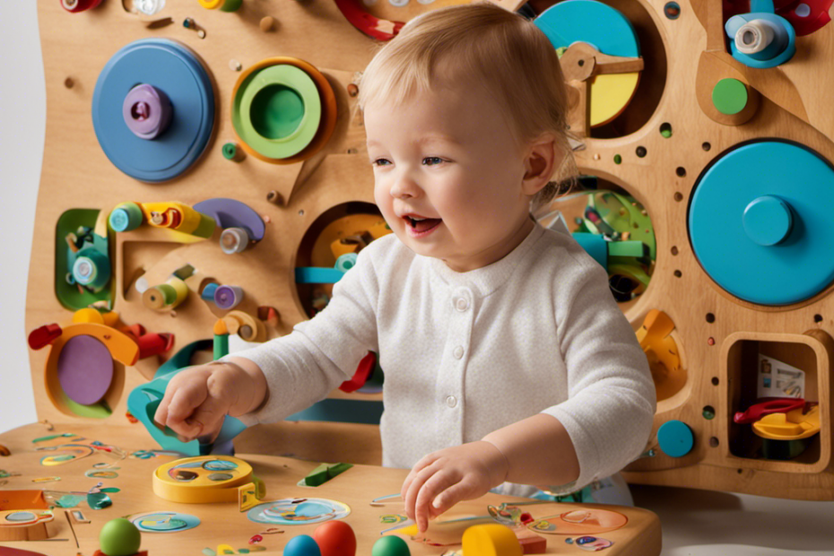 An image capturing a toddler's joy and curiosity as they explore the vibrant, interactive POLKRANE Busy Board, while the 100 Words Book, filled with colorful illustrations, lies open beside them